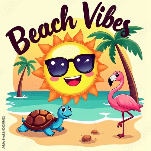 Kawaii Beach Vibes Design with Sun, Turtle & Flamingo photo