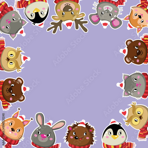 Childrens christmas posters animals. New years frame with characters penguin, hare, owl