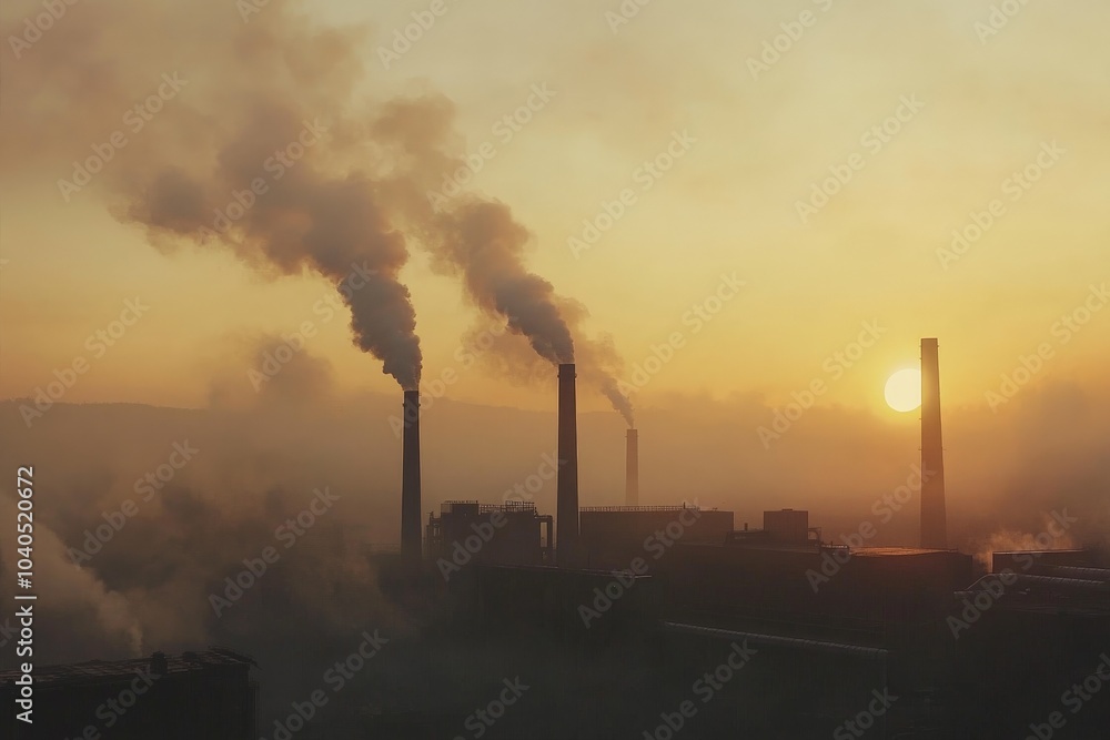 As the sun sets, the golden hues intermingle with smoke rising from factories, creating a poignant juxtaposition of natural beauty against industrial pollution. As the sun sets, the golden hues intermingle with smoke rising from factories, creating a poignant juxtaposition of natural beauty against industrial pollution.