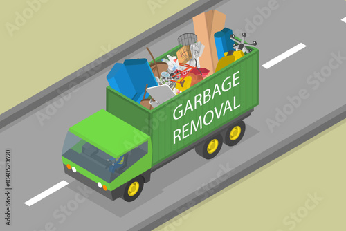 3D Isometric Flat Vector Illustration of Junk Removal, Garbage Truck Filled With Trash