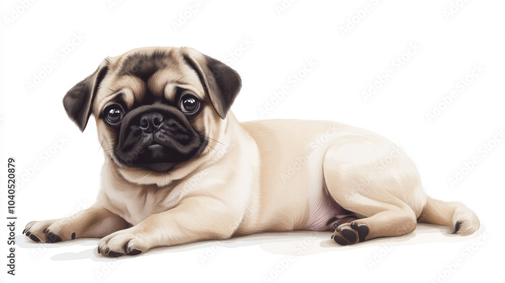 Fototapeta premium Illustration of a pug puppy portrait set against a white background.