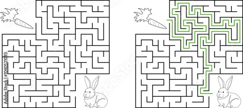 Help bunny pass through maze to find carrot. Feed the hungry pet labyrinth. Not hard riddle for kids and parents with solution