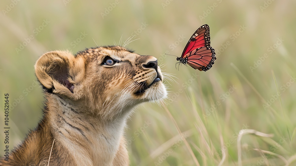 Obraz premium A close-up of a lion cub playfully batting at a butterfly in the tall grass of the savanna