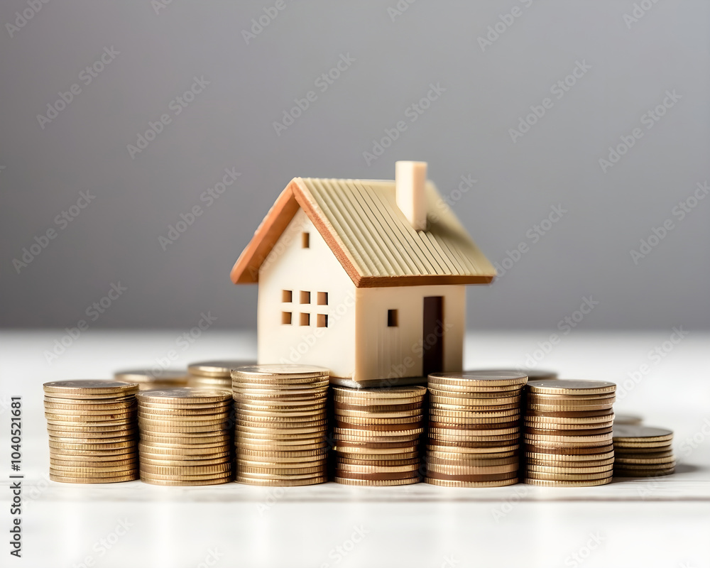 house model and coins on white background. real estate and investment concept. house model and coins on white background. real estate and investment concept.