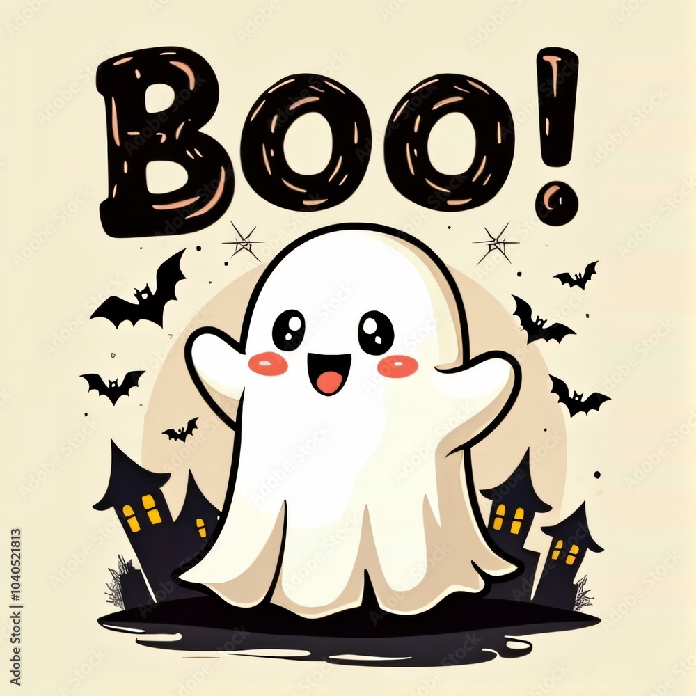 Obraz premium Cute Halloween Ghost Boo Illustration With Bats and Houses