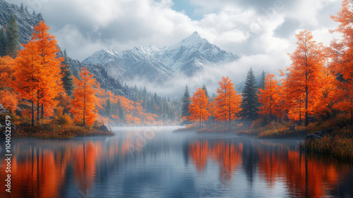 Autumn Lake has many trees growing on both sides of it. You can see the reflection in the water. Fog is floating around.