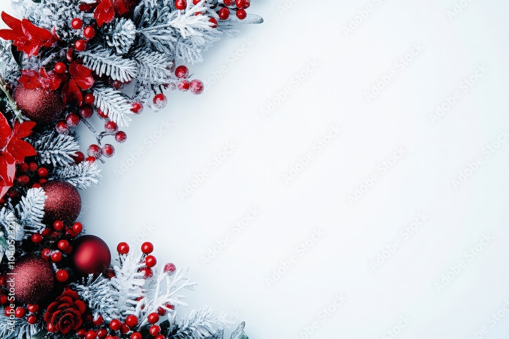 This decorative wreath features vibrant red ornaments, berries, and frosted greenery, perfect for enhancing the holiday spirit in any home. The clean background highlights its festive charm. This decorative wreath features vibrant red ornaments, berries, and frosted greenery, perfect for enhancing the holiday spirit in any home. The clean background highlights its festive charm.