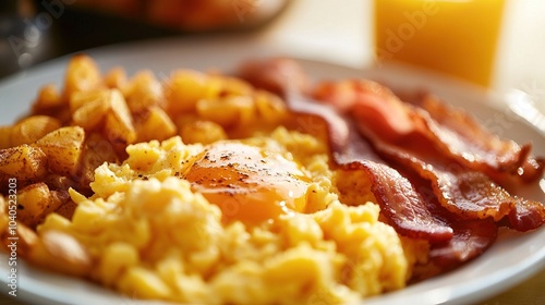 Creamy Scrambled Eggs with Crispy Bacon and Golden Home-Style Potatoes