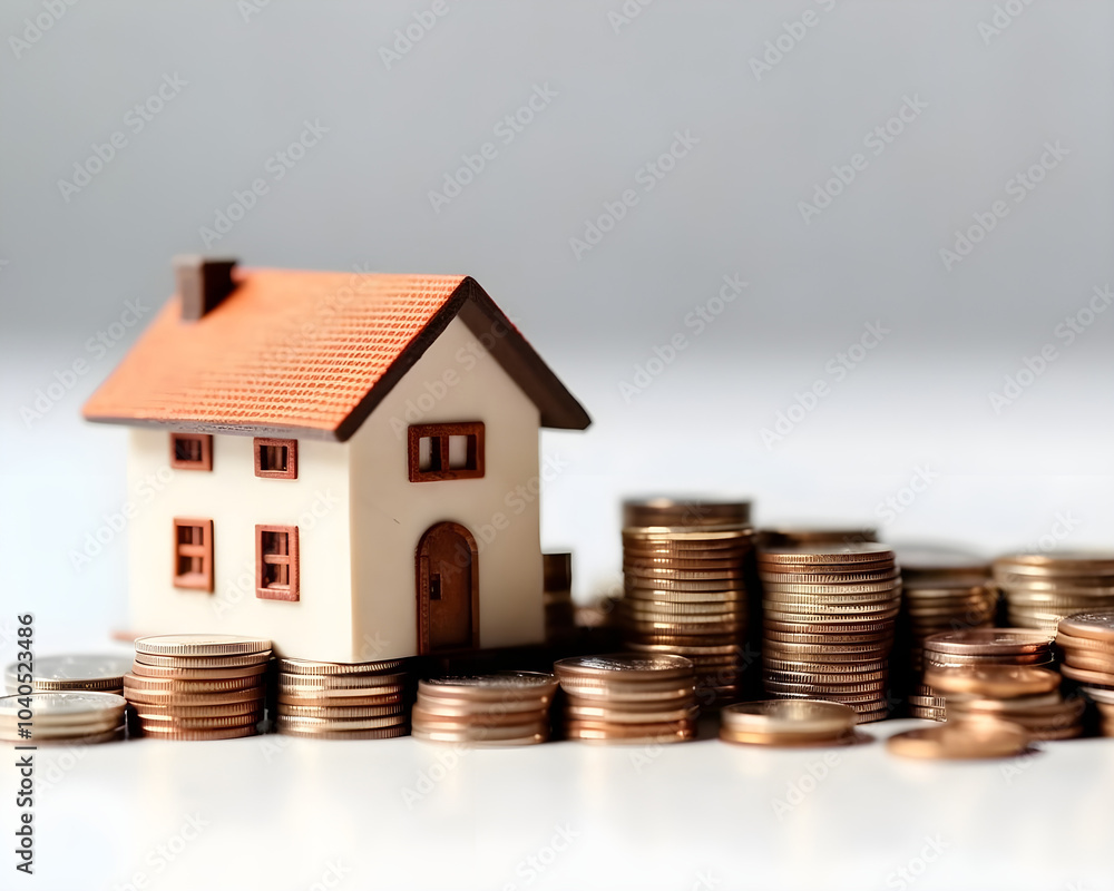 house model and coins on white background. real estate and investment concept. house model and coins on white background. real estate and investment concept.