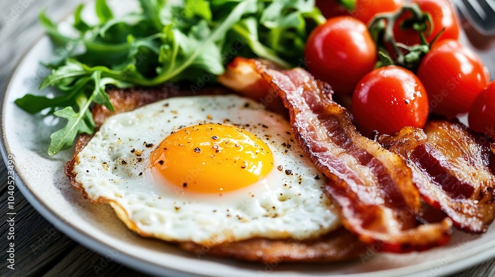 Sunny Side Up Egg with Crispy Bacon, Arugula and Cherry Tomatoes Sunny Side Up Egg with Crispy Bacon, Arugula and Cherry Tomatoes