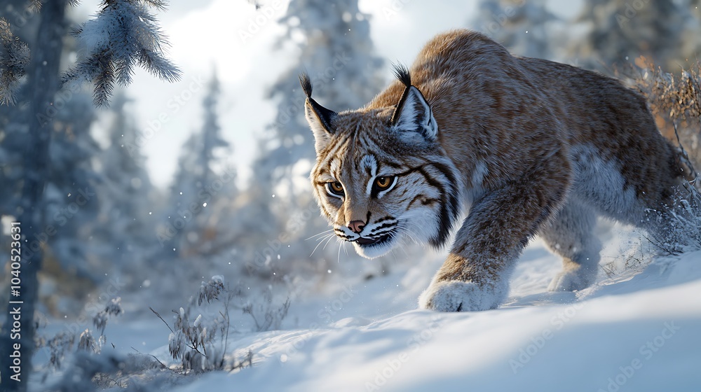 Fototapeta premium A close-up of a lynx prowling through the snow, its fur blending with the white landscape 