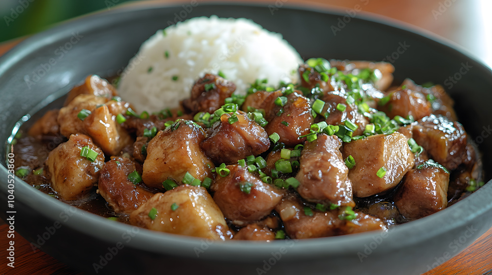 A photo of Filipino adobo, with tender chicken and pork in a soy-vinegar sauce, served with steamed rice, shot with a telephoto lens A photo of Filipino adobo, with tender chicken and pork in a soy-vinegar sauce, served with steamed rice, shot with a telephoto lens