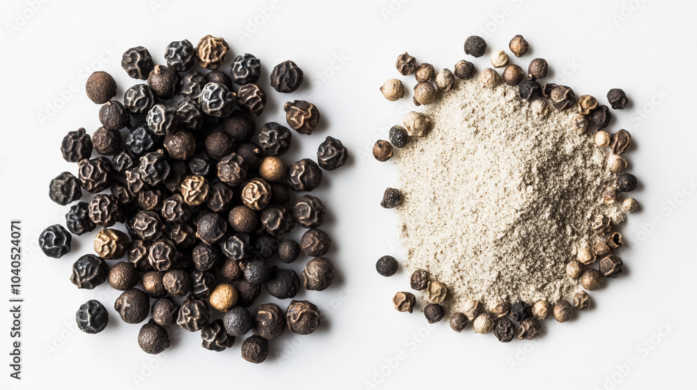 Black Peppercorns and Ground Pepper Powder on White Background Black Peppercorns and Ground Pepper Powder on White Background