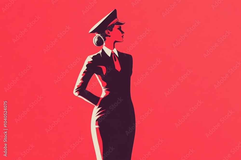 A flight attendant stands elegantly, showcasing a polished look in a minimalist design. The bright red backdrop enhances her professional aura, embodying confidence and service in aviation. A flight attendant stands elegantly, showcasing a polished look in a minimalist design. The bright red backdrop enhances her professional aura, embodying confidence and service in aviation.