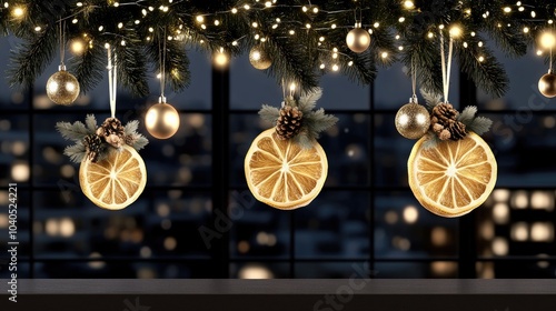 Dried orange, lemon, and lime slices adorn a Christmas tree, beautifully illuminated by soft sunlight in the background photo