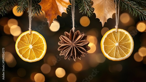 Dried orange, lemon, and lime slices adorn a Christmas tree, beautifully illuminated by soft sunlight in the background photo