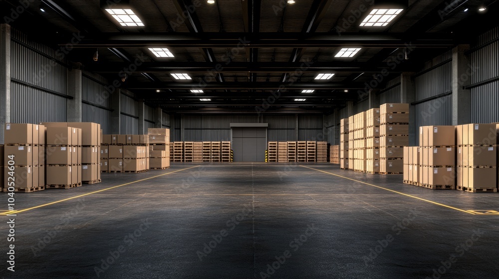 Tall shelves in a warehouse display packed boxes and pallets, preparing goods for loading at the industrial dock Tall shelves in a warehouse display packed boxes and pallets, preparing goods for loading at the industrial dock