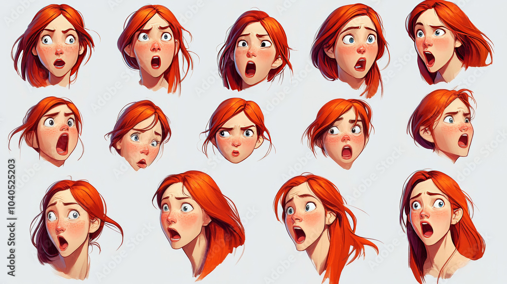 Arrange the expressions in a way that visually tells a story, moving from one emotion to another. This could be done through a grid or a flowing composition that connects the different emotions. Arrange the expressions in a way that visually tells a story, moving from one emotion to another. This could be done through a grid or a flowing composition that connects the different emotions.