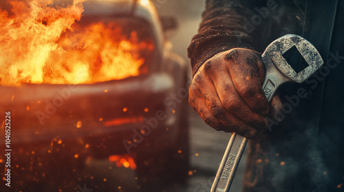 A man holding a wrench stands in front of his car on fire in the background, symbolizing the need for help to repair the vehicle; a car insurance concept.



 photo