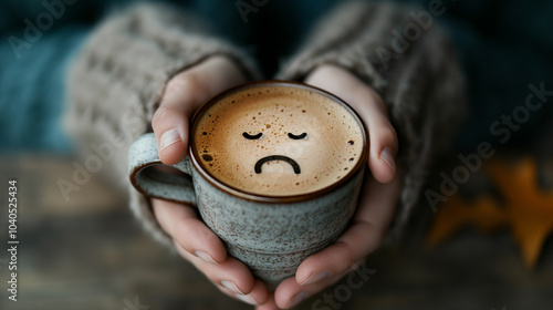 Hands holding a cup of coffee with a sad face emoji on it