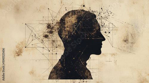 Mind Geometry series featuring a visually appealing composition of a human profile intertwined with mathematical and design elements, designed as a background for themes related to reason, science, te photo