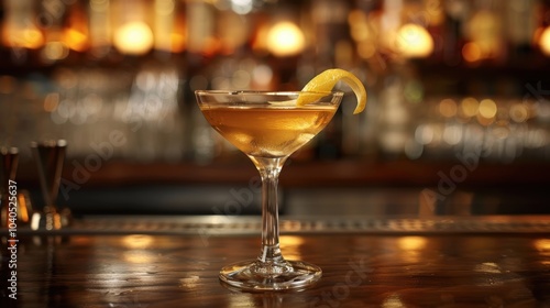 A glass with an alcoholic cocktail on the background of the bar