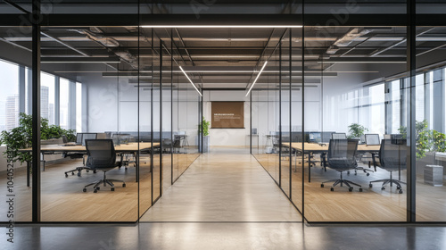 Contemporary glass meeting room interior and office hallway; a workplace concept in 3D rendering.