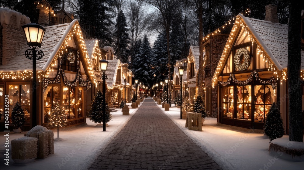Fototapeta premium A cozy gingerbread village features cookie houses adorned with candy as snow falls softly under a starry night sky
