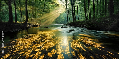 serene nature photograph of a forest river scene with a digital grid overlay, blending natural beauty and technology for modern creative projects. photo