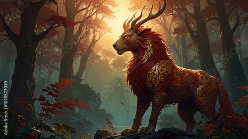 A mythical creature, a golden lion with antlers, stands in a forest lit by the warm glow of the setting sun. photo