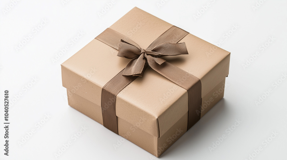 Minimalist Beige Gift Box with Ribbon Bow on White Background Minimalist Beige Gift Box with Ribbon Bow on White Background