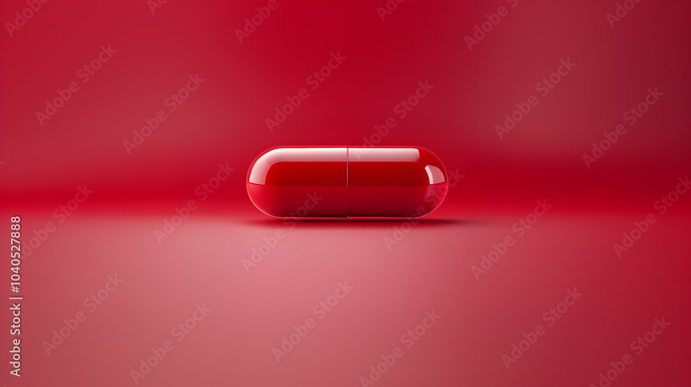 A Vibrant Red Capsule Rests Elegantly on a Smooth Surface, Surrounded by a Bold, Matching Backdrop A Vibrant Red Capsule Rests Elegantly on a Smooth Surface, Surrounded by a Bold, Matching Backdrop