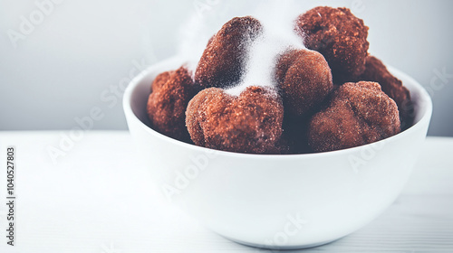 Bowl og homemade deep-fried Israeli donuts for celebrating Hanukkah or Chrismukkah with ample copy space photo