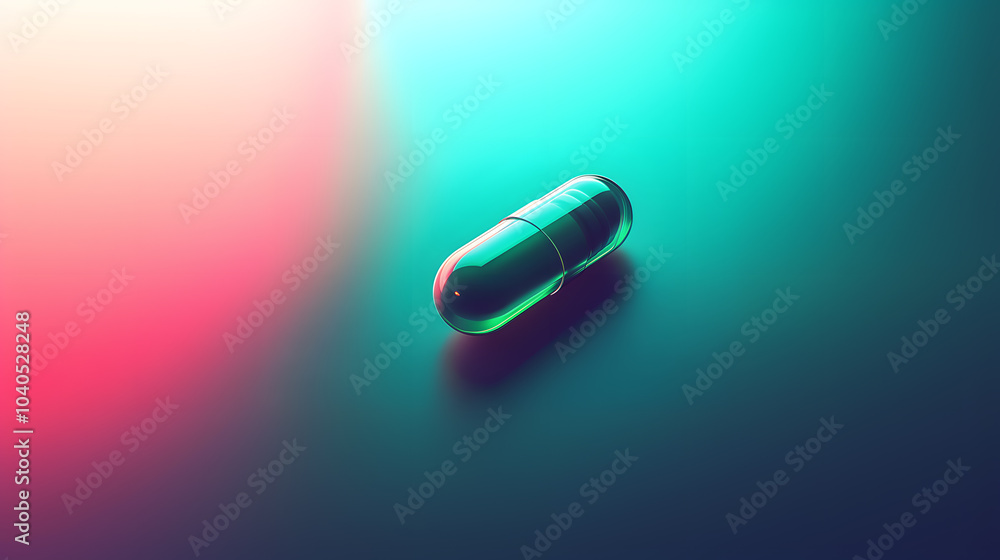 A Vibrant Capsule Resting Gracefully on a Reflective Surface Illuminated by Soft, Colorful Lights A Vibrant Capsule Resting Gracefully on a Reflective Surface Illuminated by Soft, Colorful Lights