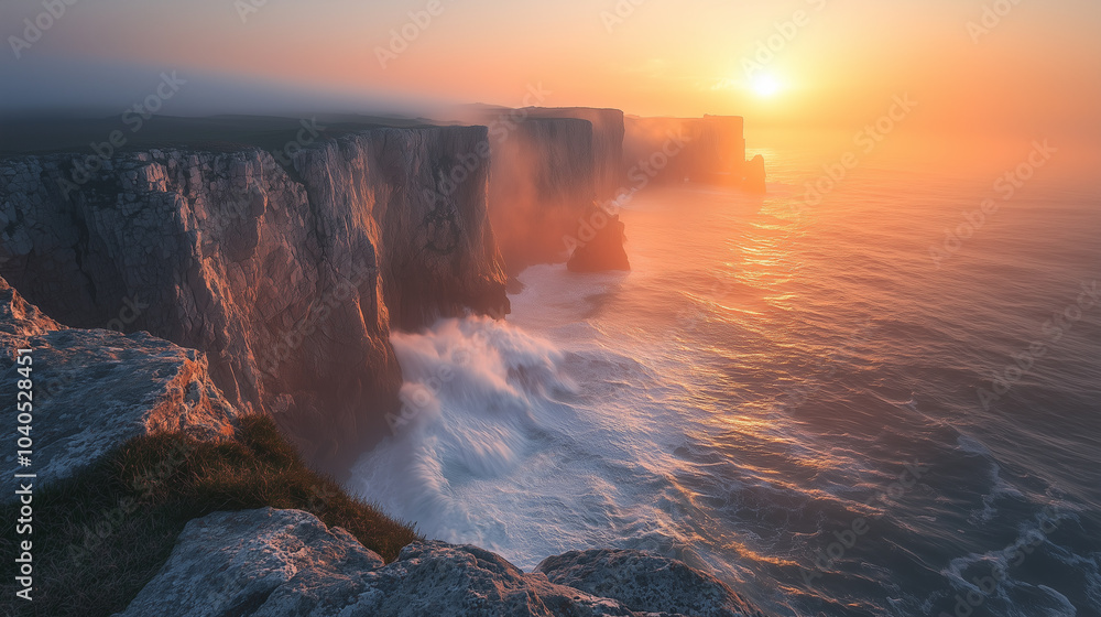 Fototapeta premium Waves crashing against rugged cliffs, a misty atmosphere, dramatic lighting, long exposure. A steep bank and a cliff.
