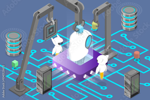 3D Isometric Flat Vector Illustration of Industry 4.0, Automated Robotic Arms Assembling Cyborg Head