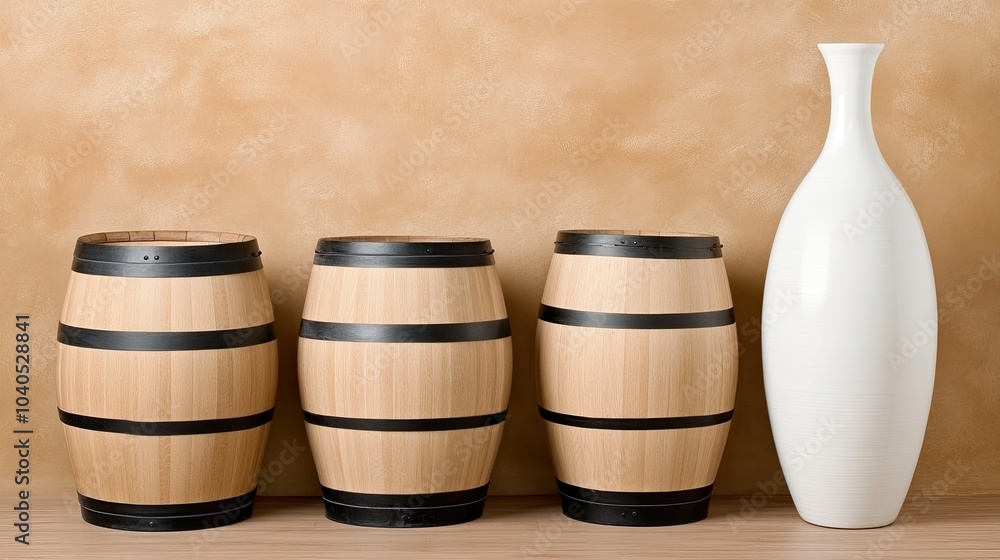 Four wooden wine barrels stand in front of an ochre wall adorned with yellow decor, creating a warm, rustic ambiance Four wooden wine barrels stand in front of an ochre wall adorned with yellow decor, creating a warm, rustic ambiance