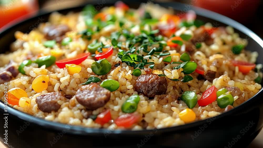 Bowl of fried rice with vegetables, Indonesian fried rice dish cinematic rotating slow motion, generative ai Bowl of fried rice with vegetables, Indonesian fried rice dish cinematic rotating slow motion, generative ai