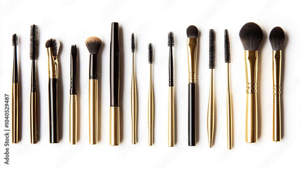 Makeup Brush Set Beauty Tools Cosmetic Brushes Flatlay Golden Handles White Backgroun Makeup Brush Set Beauty Tools Cosmetic Brushes Flatlay Golden Handles White Backgroun