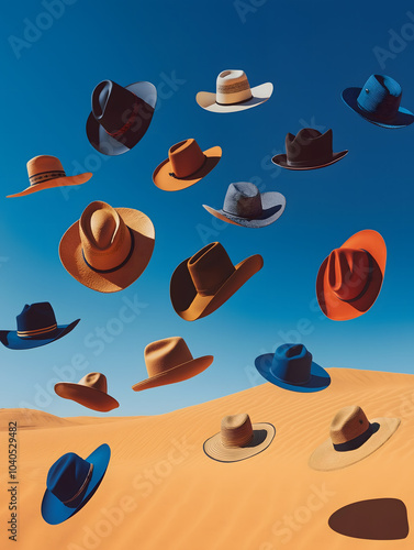 Floating cowboy and sun hats in various colors and styles suspended over golden sand dunes under a clear blue sky - National Hat Day