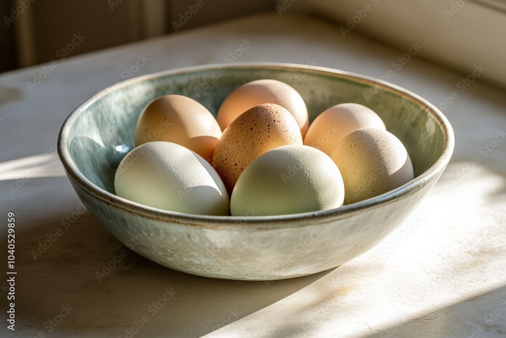 Pastel-colored eggs are artistically arranged in a ceramic bowl on a softly lit kitchen table, showcasing a harmonious blend of colors and textures, evoking calmness. Pastel-colored eggs are artistically arranged in a ceramic bowl on a softly lit kitchen table, showcasing a harmonious blend of colors and textures, evoking calmness.