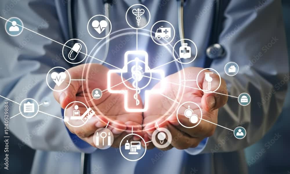 A medical professional holding glowing health-related icons in their hands, representing healthcare services and technology. The icons include symbols for medicine, heart rate, first aid, and medical 