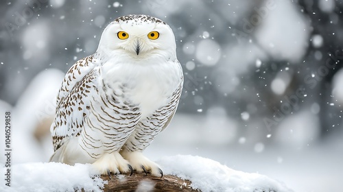 A close-up of a snowy owl perched on a snowy branch, its piercing yellow eyes alert and watchful 