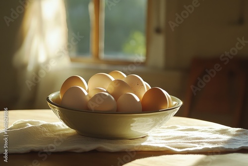 A pleasing arrangement of brown eggs sitting in a light-filled ceramic bowl, placed on a patterned kitchen counter, creates an inviting and cozy kitchen ambiance. photo