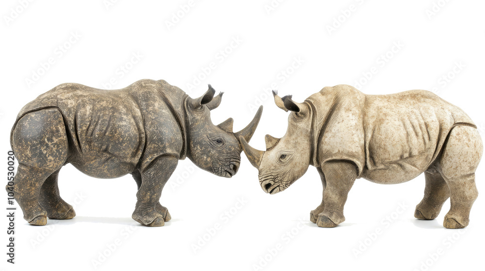 Fototapeta premium Two Handcrafted Rhinoceros Figurines on Clear Background Generative AI