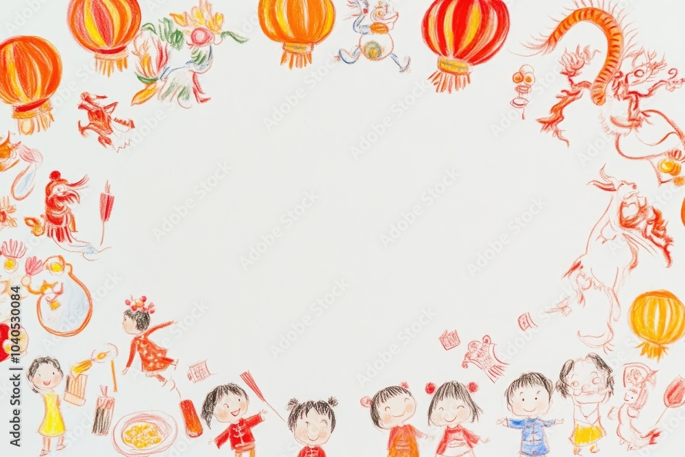 Fototapeta premium Festive Children's Drawing Featuring Lunar New Year Celebration