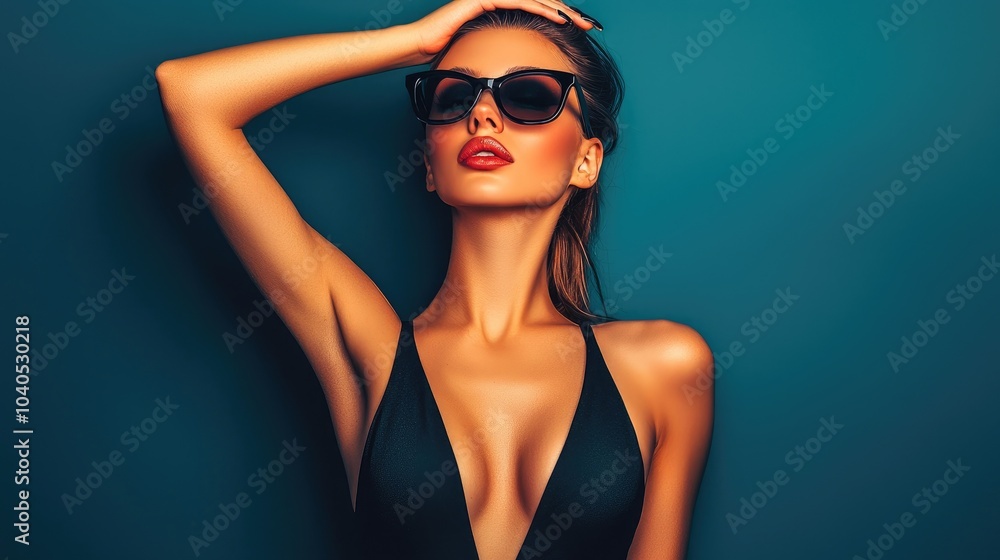 Naklejka premium Graceful Model Posing in Black Dress and Heels