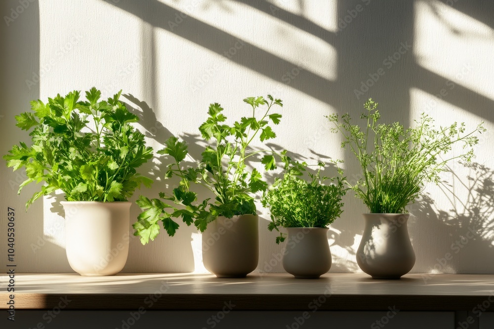 Fototapeta premium A collection of various herbs, including parsley and coriander, growing in small pots on a sunlit shelf, casting soft shadows on a white background.