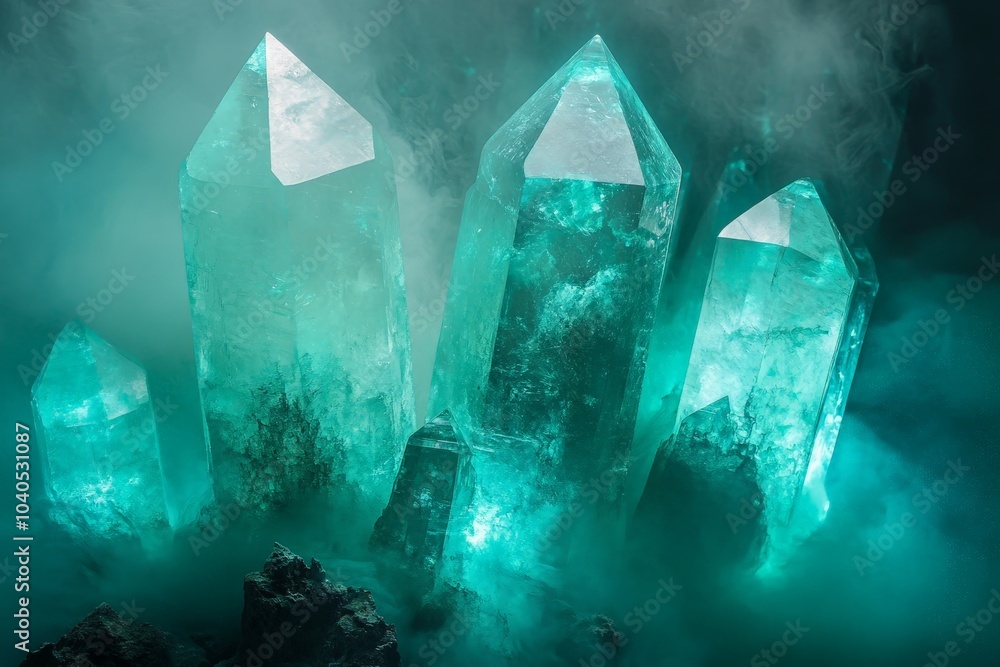 Tall turquoise crystals emerge from swirling mystical mists, captivating the viewer with their crystalline beauty and the contrasting play of light and shadow. Tall turquoise crystals emerge from swirling mystical mists, captivating the viewer with their crystalline beauty and the contrasting play of light and shadow.