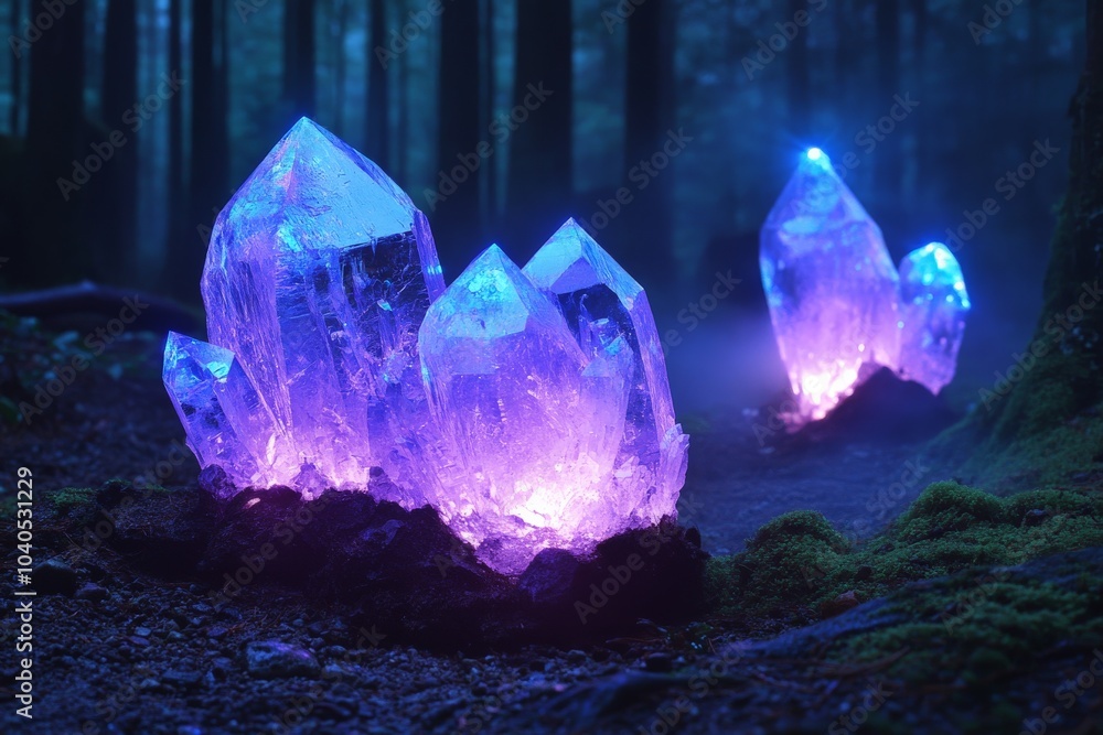 Glowing crystals emerge vividly from the forest mist, their radiant hues casting a surreal light in this verdant woodland scene, a vision of serenity. Glowing crystals emerge vividly from the forest mist, their radiant hues casting a surreal light in this verdant woodland scene, a vision of serenity.